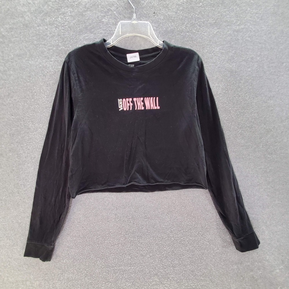 VANS Women Top Medium Black T-Shirt Crop Off The Wall Graphic Logo Long Sleeve